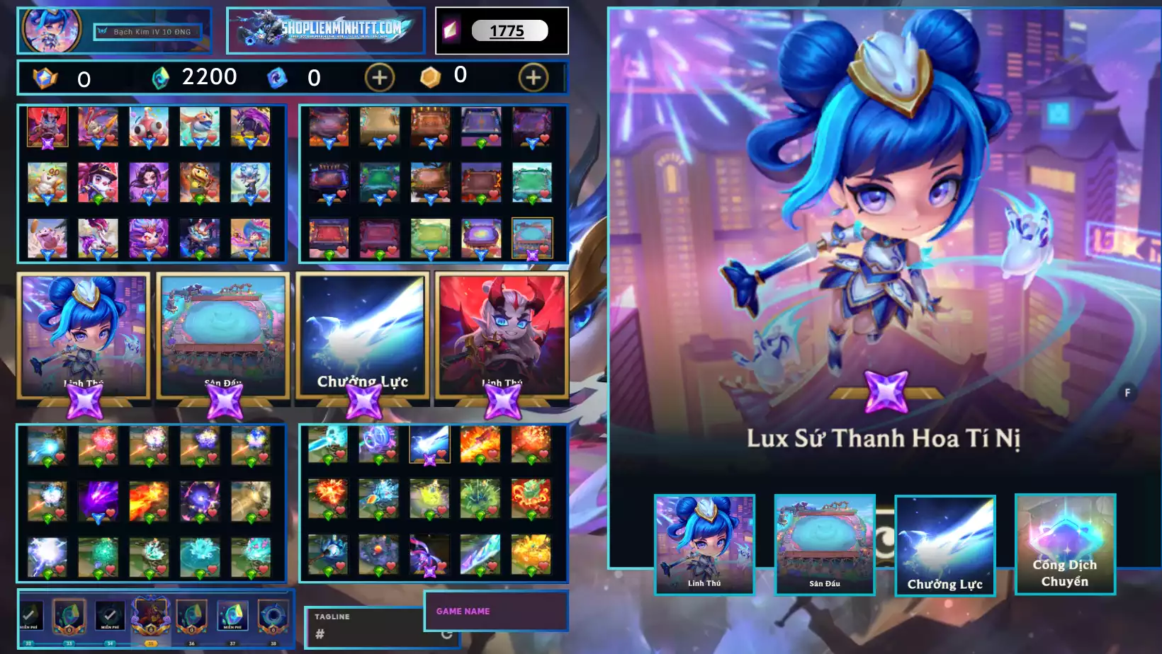 -Lux Sứ Thanh Hoa Tí Nị Kèm Chưởng - Dư 0 Huy Chương - 0 Vàng - 5 Tím - 1 Sàn Tím - Dư  2200 Pha Lê - 1 Tí Nị Thường - 9 Sàn Đỏ - Chưởng Lực Như Ảnh - Rank TFT Bạch Kim 4